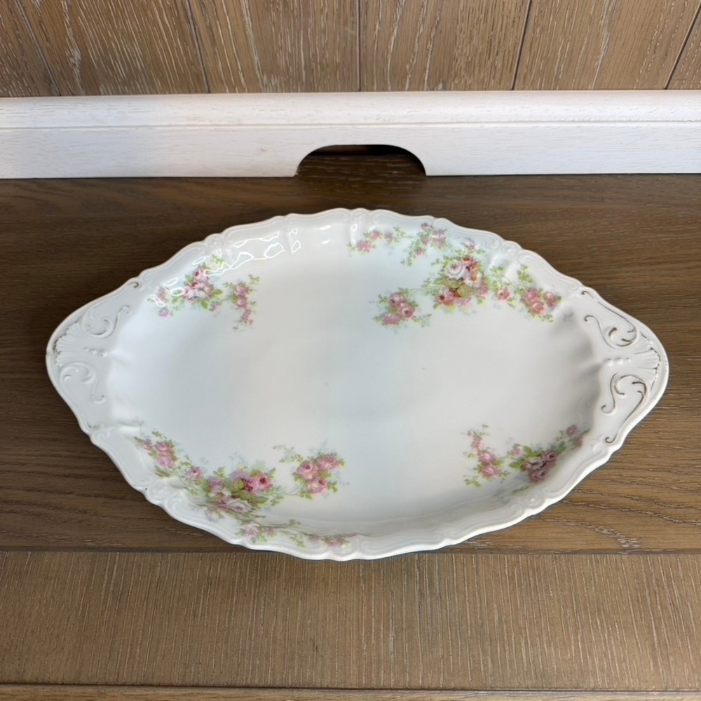 Bassett Limoges Austria Antique Porcelain Oval Serving Platter Pink Roses 13.5in